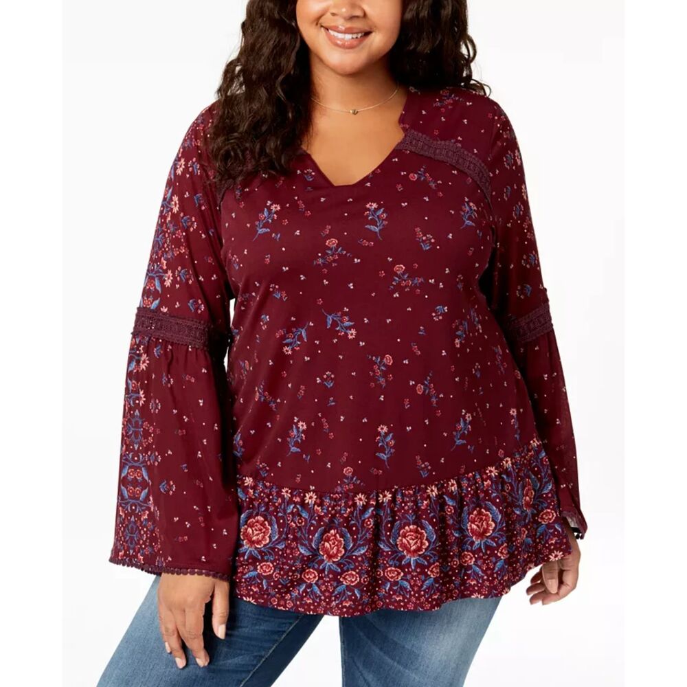 NWT Style & co floral Plus Size Mixed-Print Crochet-Trim Flounce Top. 2x